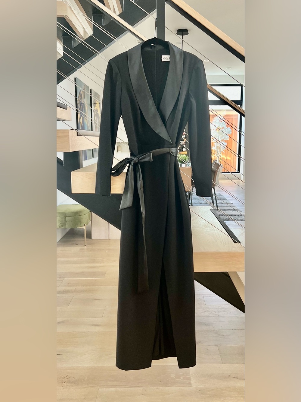 Black Wrap Tuxedo style Maxi Dress with Satin Trim and slit at the front.